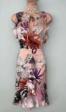 JUST CAVALLI DRESS TROPICAL PRINT HIGH LOW RUFFLE DRESS IT 42 Designer Luxury